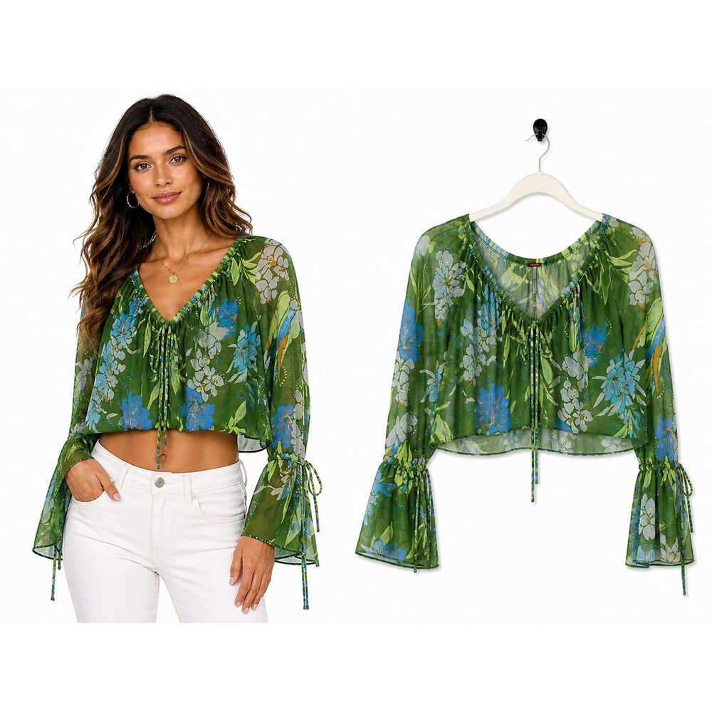 Free People Of Paradise Bell Sleeve Blouse Top Size XS Sheer Green Palm Print